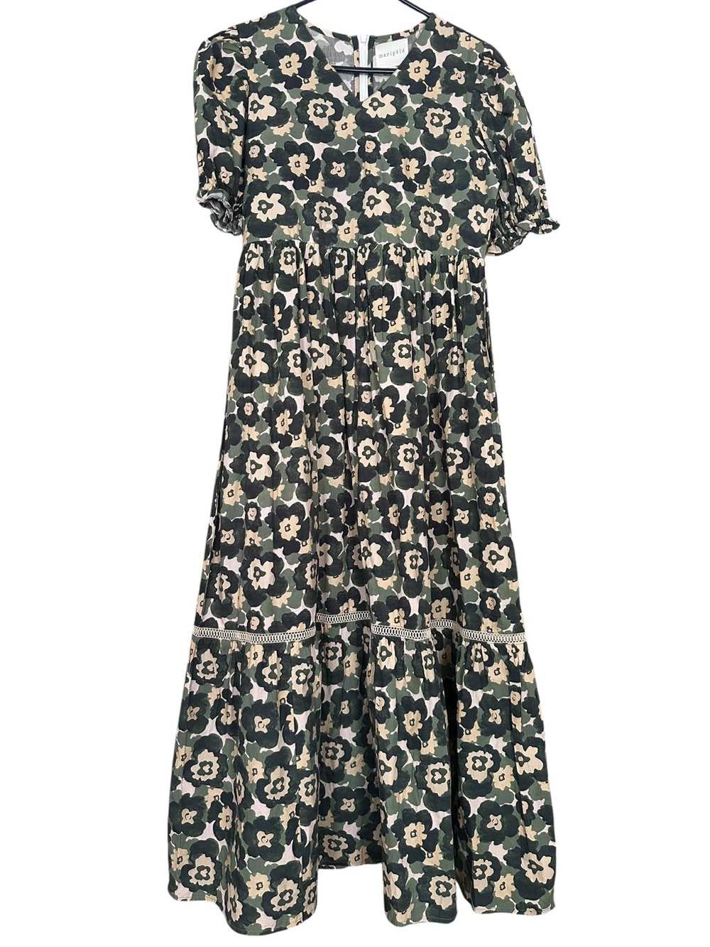 Marigold Floral Tiered Maxi Dress - Olive Green Size XS